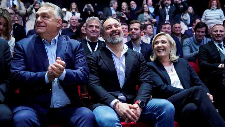 (L-R) Hungarian Prime Minister Viktor Orban, Vox party leader Santiago Abascal and French far-right leader Marine Le Pen, president of the French far-right National Rally. Pic: Reuters (L-R) Hungarian Prime Minister Viktor Orban, Vox party leader Santiago Abascal and French far-right leader Marine Le Pen, president of the French far-right National Rally. Pic: Reuters