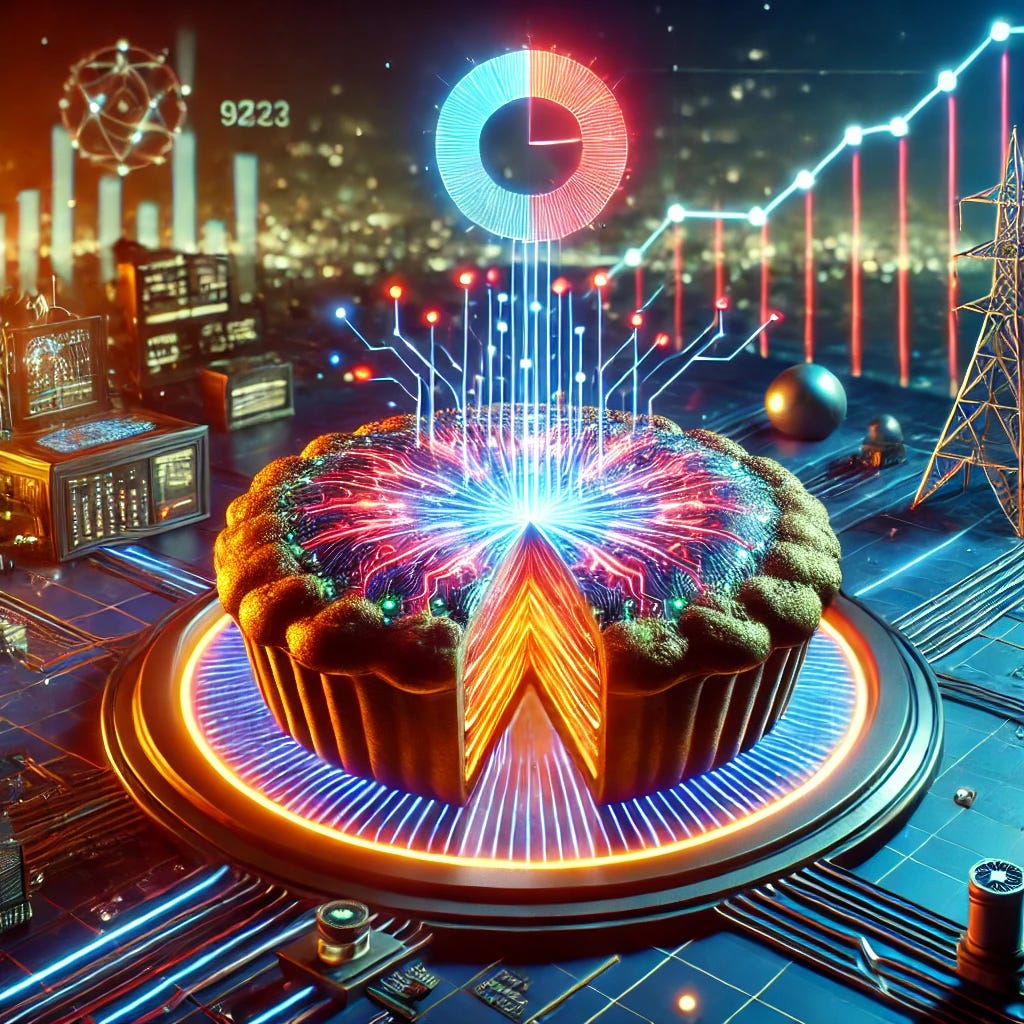 A conceptual illustration of 'growing the pie,' depicting a large pie that is expanding in size, symbolizing economic growth and abundance. The scene is futuristic, with a cyberpunk aesthetic featuring neon lights and metallic elements. The pie appears to be infused with AI-driven energy, glowing with vibrant technological circuits as it grows. The background showcases a high-tech cityscape, emphasizing innovation and prosperity.