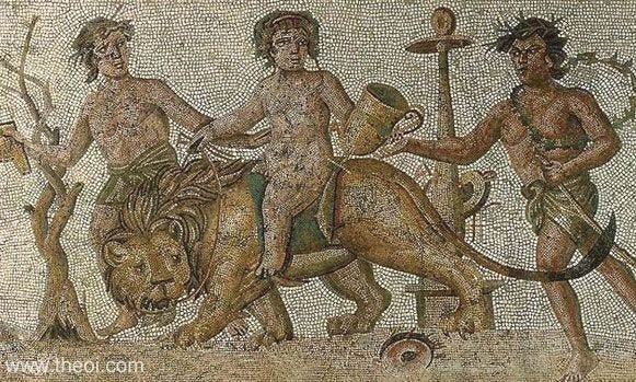 Dionysus-Bacchus Riding Lion | Greco-Roman mosaic Dionysus-Bacchus Riding Lion | Greco-Roman mosaic