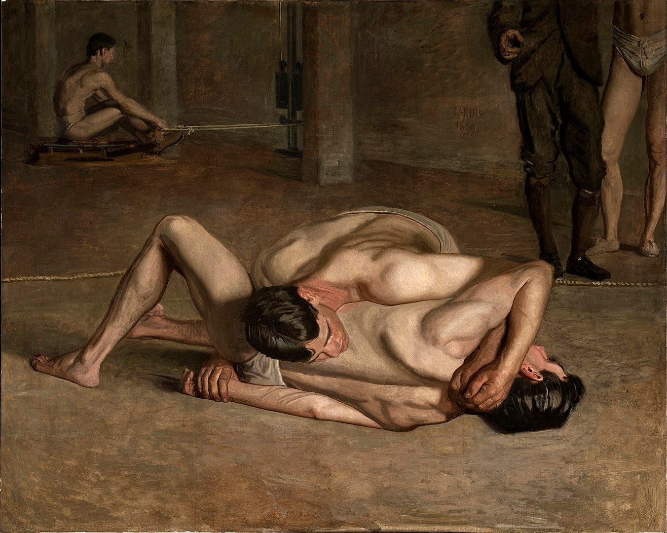 A painting that shows two nearly nude male wrestlers grappling on the ground, their muscular bodies entangled in a close hold. One man presses the other’s shoulders down as they struggle. In the background, another man trains with ropes, while two clothed figures stand observing. The dim setting resembles a gym or training hall. _Wrestlers_ (1899) by Thomas Eakins, via [Wikimedia](https://en.wikipedia.org/wiki/Thomas_Eakins#/media/File:Eakins,_Thomas_-_Wrestlers_1899.jpg)