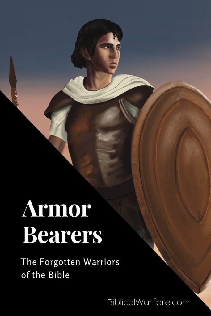 An image of a young Israeli soldier, as one of many armor bearers in ancient israel, with a sword and spear. 