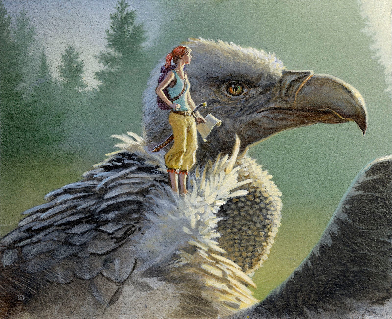 A woman stands on the shoulder of an enormous bird. Both are captured in profile staring boldly off panel right. At her side, she holds a curling paper wile resting her opposite hand on hip. Her red hair is tied back in a ponytail as the sun casts highlights across her from the front. Ready for adventure, a pack is slung on her back and a sword is belted at her hip. The bird, more vulture than eagle in the features of its head, nevertheless looks regal against the soft green silhouette of trees in the background. Its feathers, a mix of gray and white, are more an abstraction or suggestion from the shoulders down. A woman stands on the shoulder of an enormous bird. Both are captured in profile staring boldly off panel right. At her side, she holds a curling paper wile resting her opposite hand on hip. Her red hair is tied back in a ponytail as the sun casts highlights across her from the front. Ready for adventure, a pack is slung on her back and a sword is belted at her hip. The bird, more vulture than eagle in the features of its head, nevertheless looks regal against the soft green silhouette of trees in the background. Its feathers, a mix of gray and white, are more an abstraction or suggestion from the shoulders down.