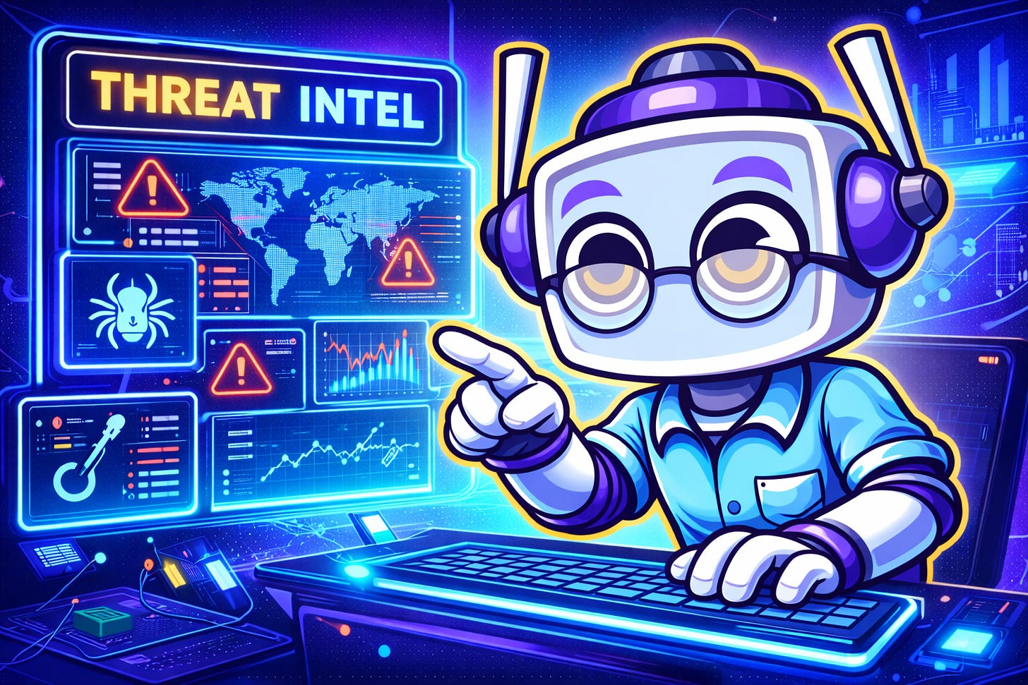 Robot cybersecurity assistant monitoring threat intelligence dashboard with alerts, maps, and attack pattern analytics on glowing holographic screens, no mouth visible.