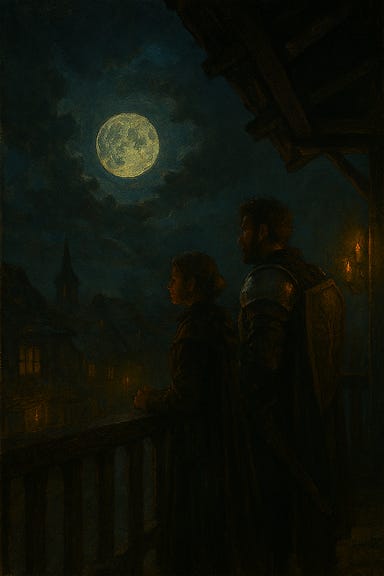 Clarion and Fleetwood standing at a window on the upper floor of the Blue Water Inn in Vallaki, Barovia. The room is dimly lit by a dying hearth, casting warm shadows across wooden floorboards. Outside the window, a full moon hangs low in a misty sky, its light silver and cold. Clarion, tall and armored, stands with arms folded, her gaze fixed on the moon. Fleetwood, rugged and ash-streaked, leans against the window frame, his shield resting nearby. The atmosphere is quiet, tense, and contemplative.