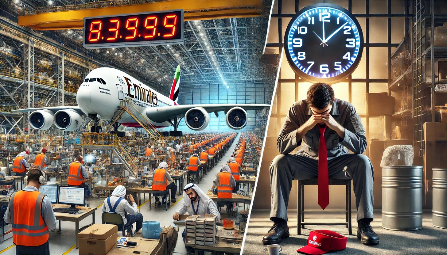 A powerful scene combining two perspectives: On one side, a massive aircraft hangar with multiple Emirates planes in various stages of assembly. Engineers and technicians are working intensely, some looking stressed as they rush to meet deadlines, with a large digital countdown timer overhead symbolizing urgency. On the other side, a tired airline crew member, still in uniform, is slumped in a break room, holding a cup of coffee with a stressed expression, symbolizing burnout. The contrast between the high-pressure manufacturing environment and the human toll of exhaustion creates a striking visual narrative.