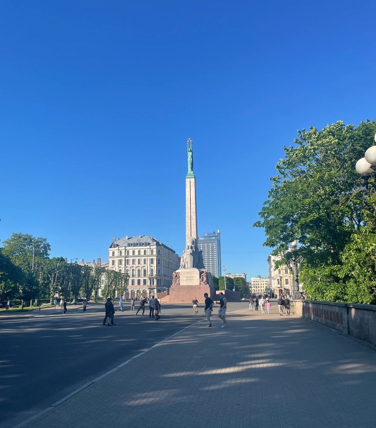 The Freedom Monument, central Riga (May 2026). A symbol of Latvian independence and the starting point for our family's journey.