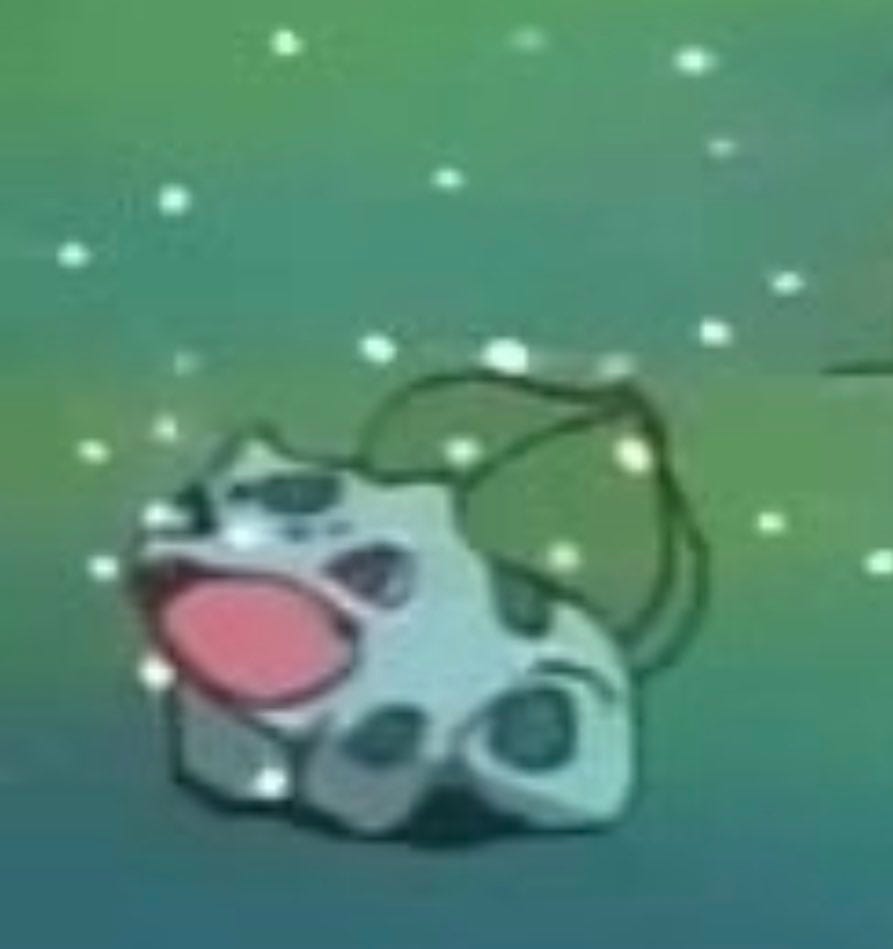 a blurry Bulbasaur screaming