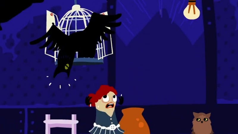 A crow erupting from a bird cage and scaring someone in the attic