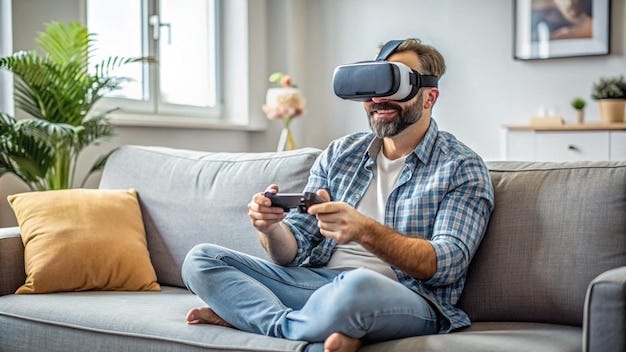 Man on couch playing with virtual headset | Premium AI-generated image