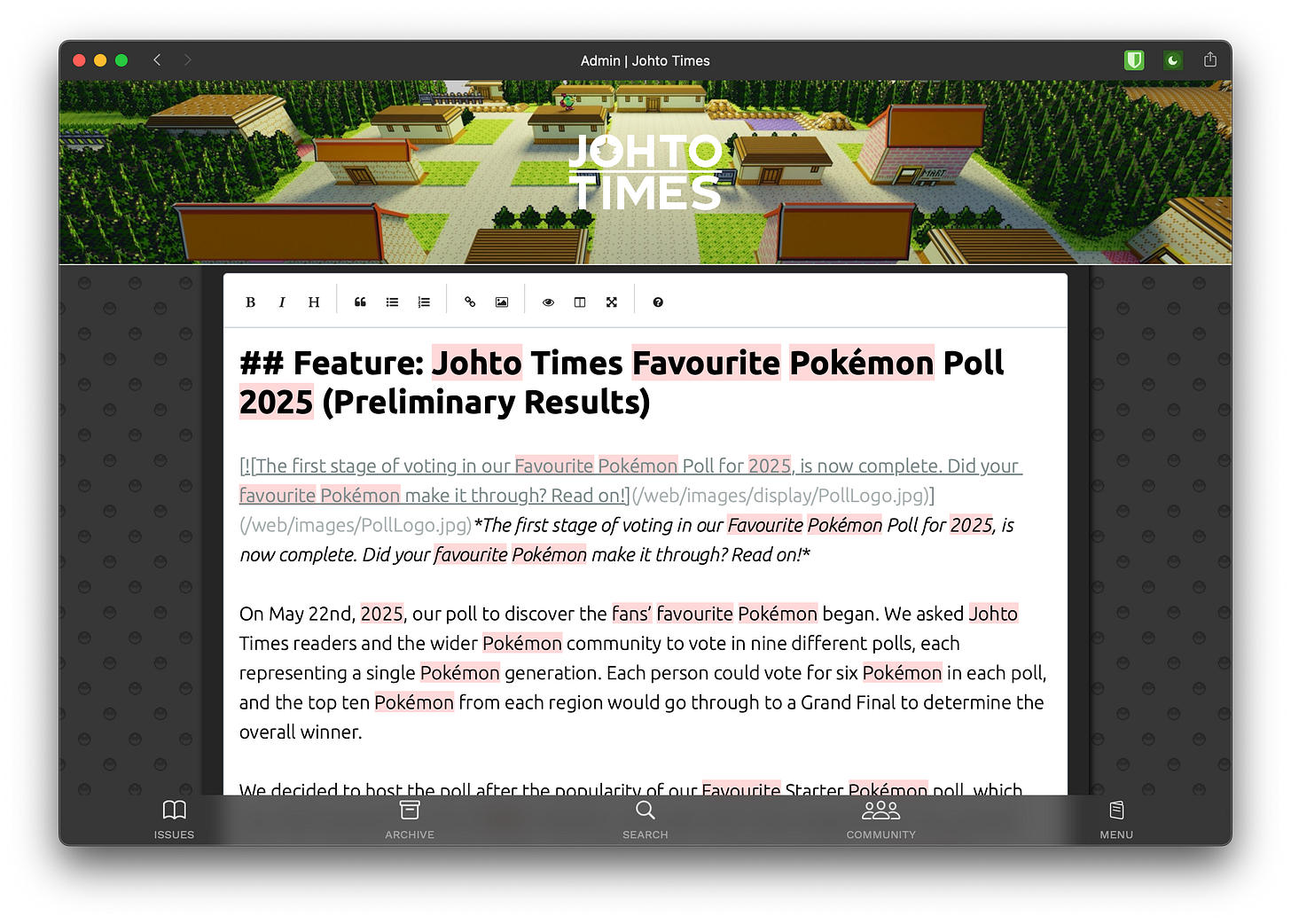 Johto Times Markdown editor in action Johto Times Markdown editor in action