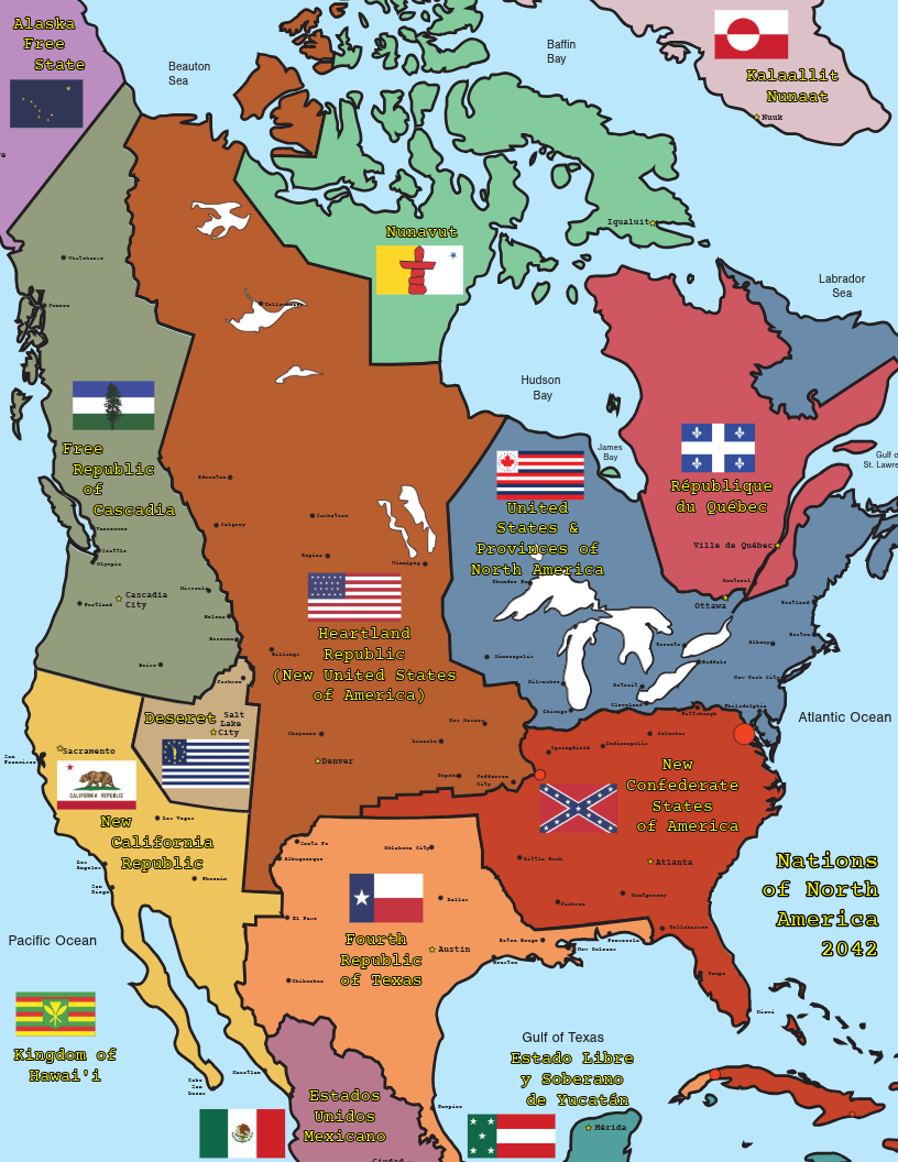 A fictional map of the nations of North America in 2042 - created by the author, Lawrence Winnerman