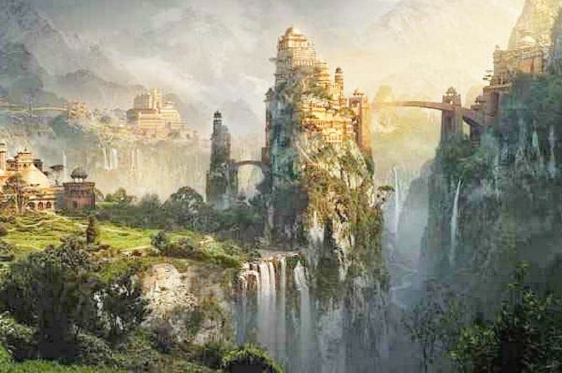 fantasy landscape with waterfall, high bridge, and oriental buildings