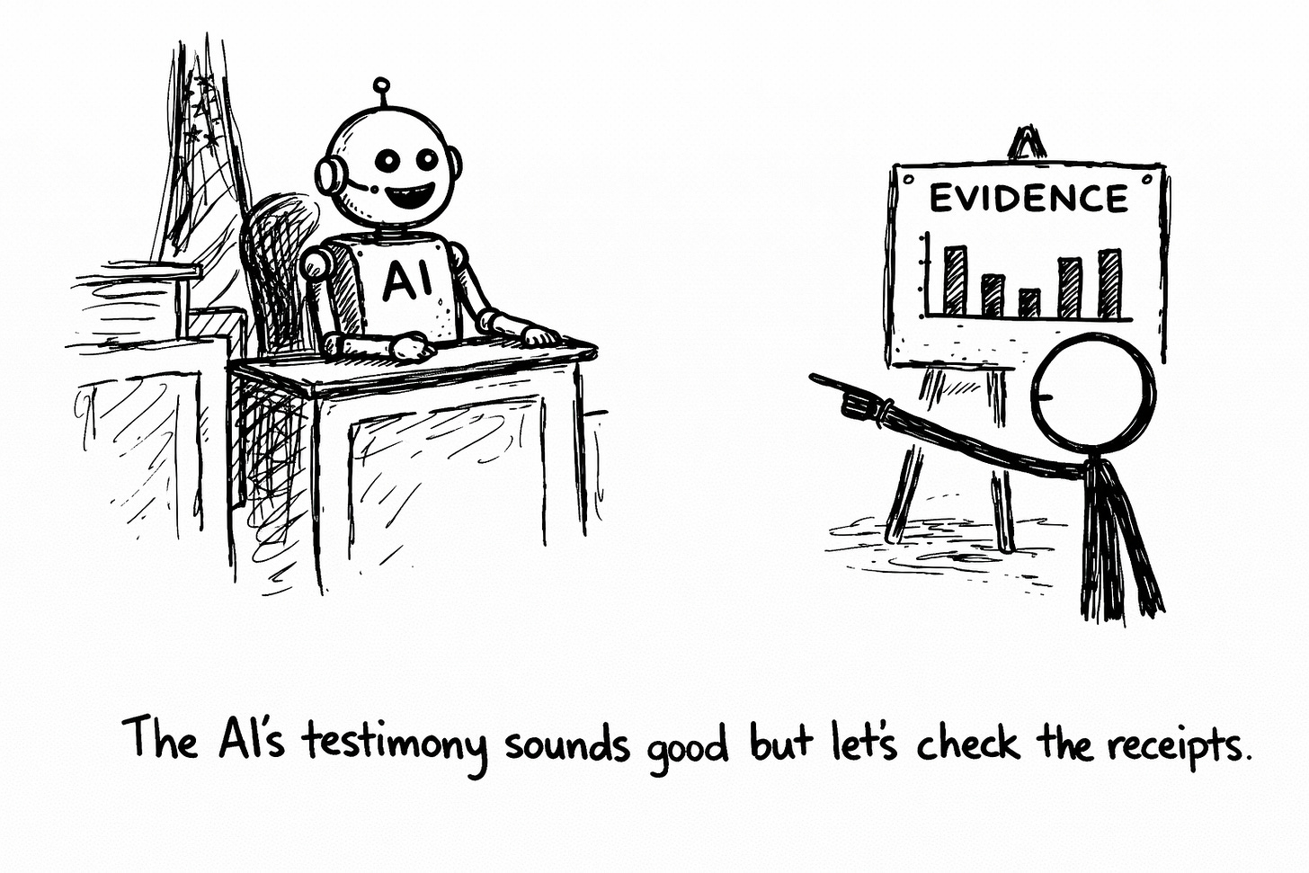 Hand-drawn courtroom scene with AI robot on the witness stand smiling confidently, while a stick figure lawyer with magnifying glass head points to an evidence board showing a bar chart. American flag in background. Caption reads 'The AI's testimony sounds good but let's check the receipts.' Black Sharpie sketch illustrating the importance of verifying AI analysis against actual data before taking action. Hand-drawn courtroom scene with AI robot on the witness stand smiling confidently, while a stick figure lawyer with magnifying glass head points to an evidence board showing a bar chart. American flag in background. Caption reads 'The AI's testimony sounds good but let's check the receipts.' Black Sharpie sketch illustrating the importance of verifying AI analysis against actual data before taking action.