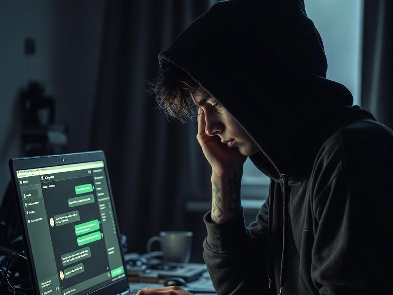 A teenager interacts with a chatbot on a laptop in a dimly lit, moody room. A teenager interacts with a chatbot on a laptop in a dimly lit, moody room.