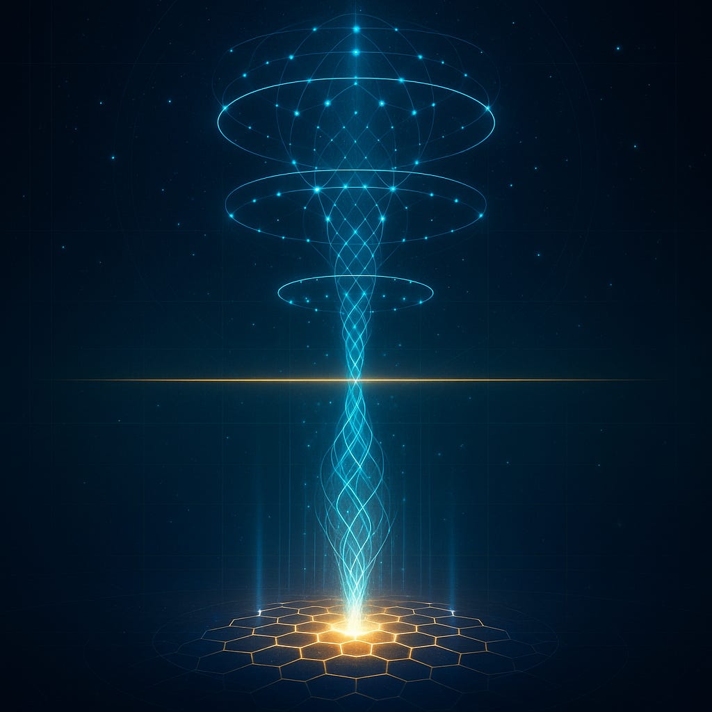 Symmetrical scene with a glowing honeycomb quantum chip emitting braided cyan filaments into stacked halo-rings; a thin golden horizontal bar (the classical bound) floats mid-frame as the light stream passes beneath.