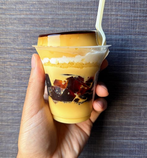 Creme caramel parfait, creme caramel crepe, dried passionfruit, milk jelly with strawberry sauce,salted dried tomato