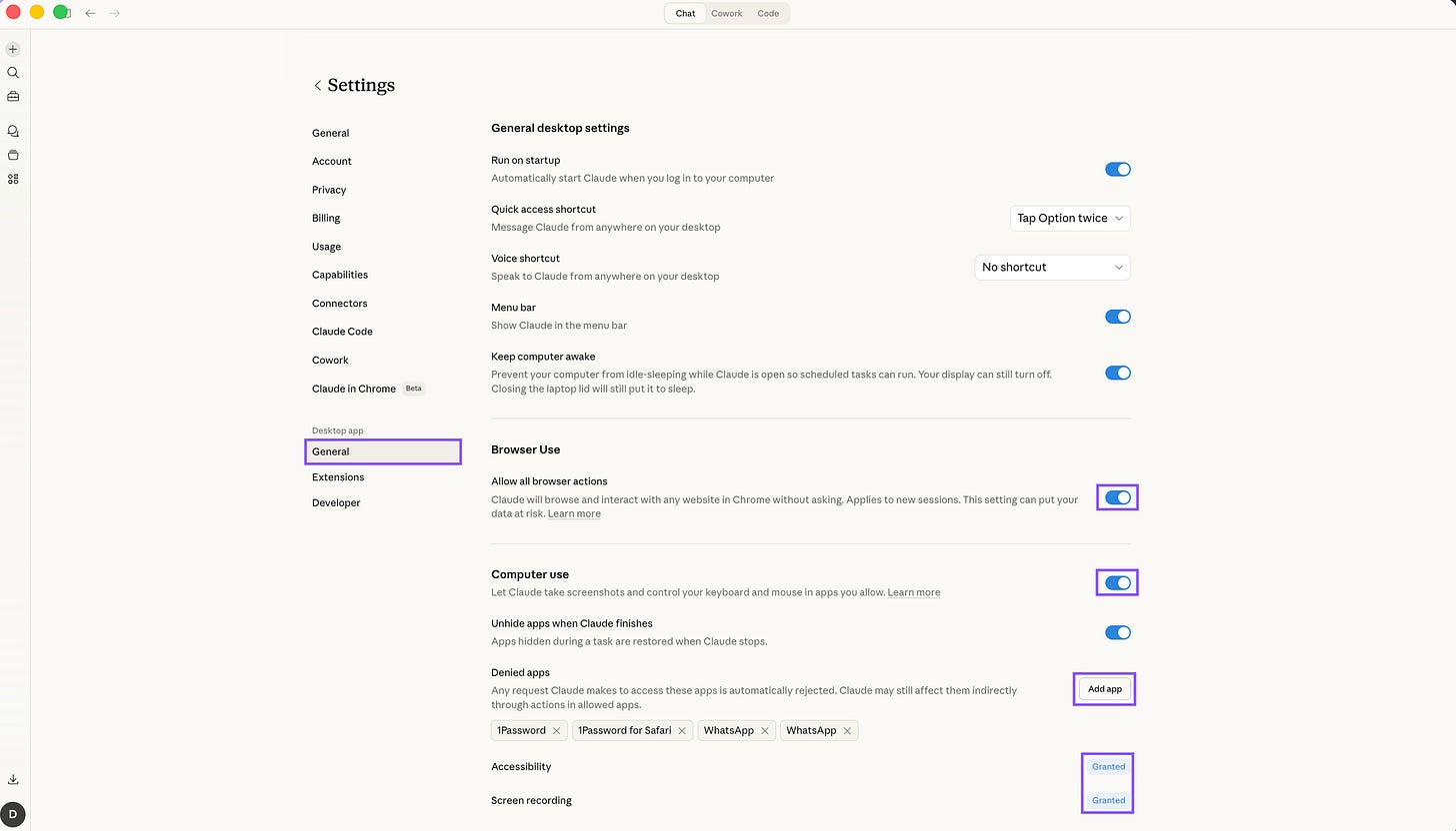 Claude desktop app settings showing Browser Use and Computer Use toggles enabled, denied apps list, and Accessibility and Screen Recording permissions granted for computer use setup.