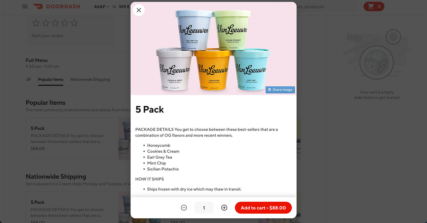 Screenshot of what it looks like when purchasing Van Leeuwen via DoorDash Screenshot of what it looks like when purchasing Van Leeuwen via DoorDash