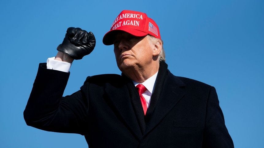 President Donald Trump leaves after speaking during a Make America Great Again rally at Fayetteville Regional Airport on November 2, 2020, in Fayetteville, North Carolina.