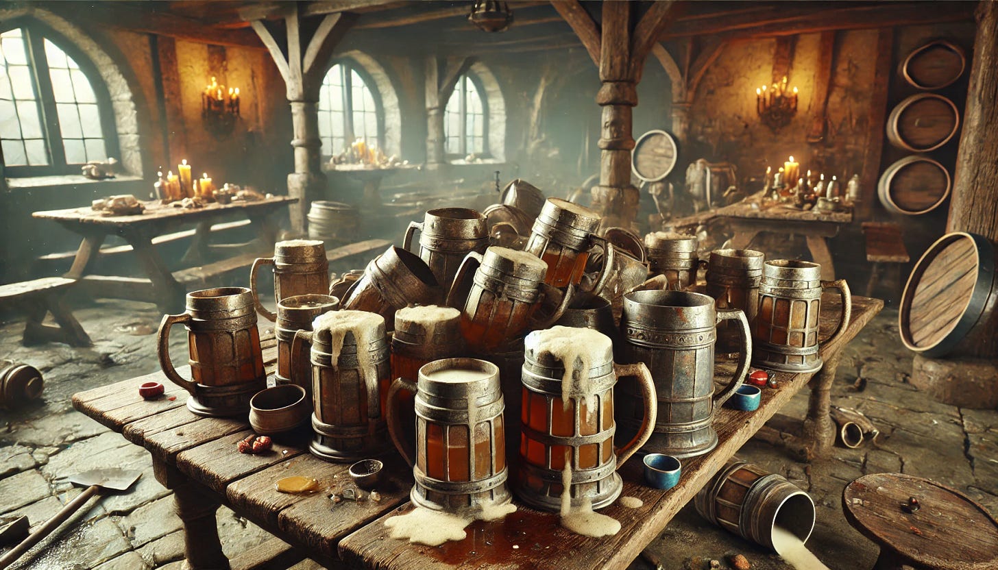A realistic scene of several disordered beer tankards scattered on a wooden table in a medieval tavern. The tankards, made of worn metal and wood, are in various states—some filled with frothy beer, others knocked over with spills. The table is rough, scratched, and covered in stains and remnants of food. The surrounding tavern is dimly lit by flickering candles and a large stone fireplace, with wooden beams and stone walls, creating a warm yet chaotic atmosphere, as if after a lively gathering.