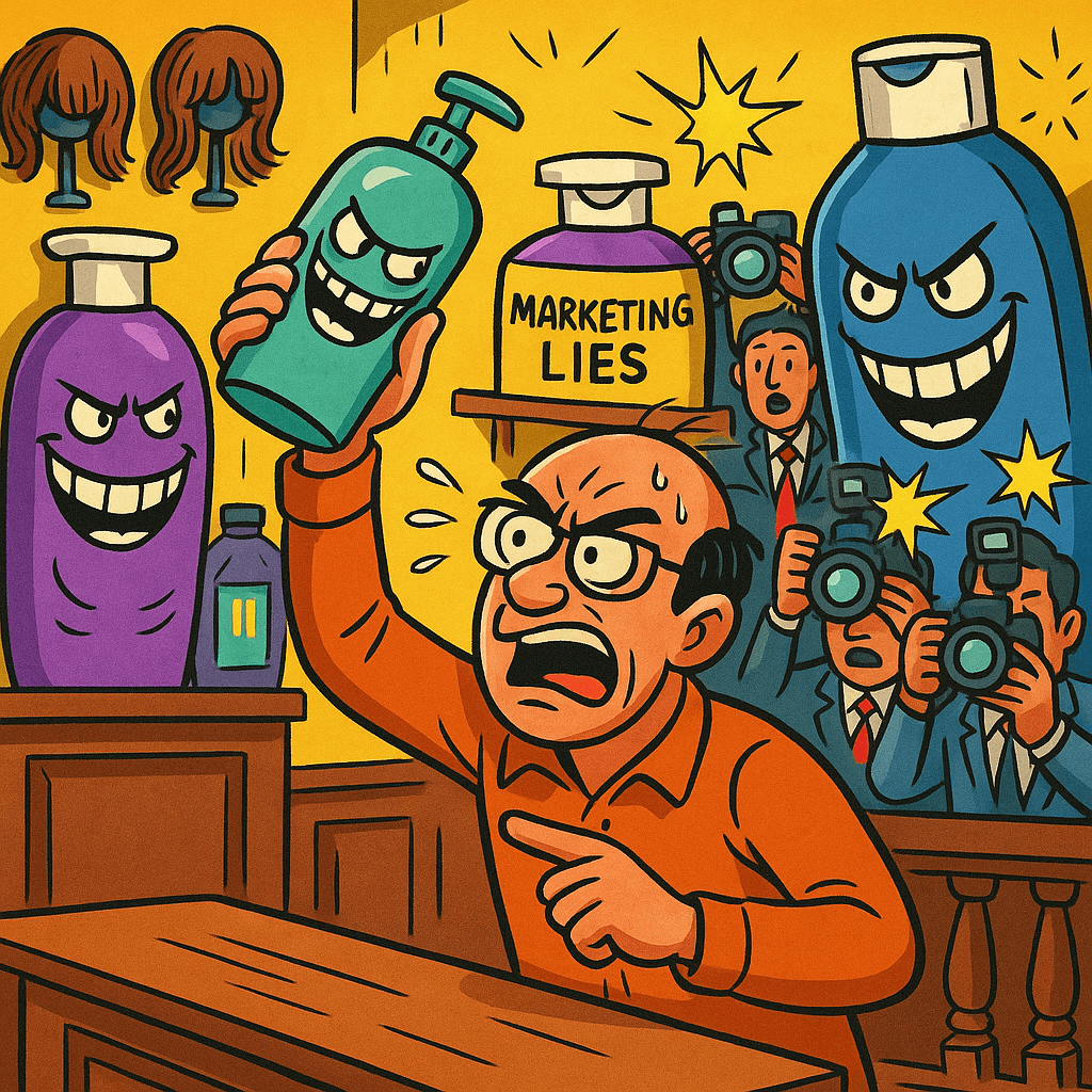 A cartoon of a man angrily pointing at a shampoo bottle while reporters take photos and wigs hang in the background, symbolizing a fake hair-care conspiracy.