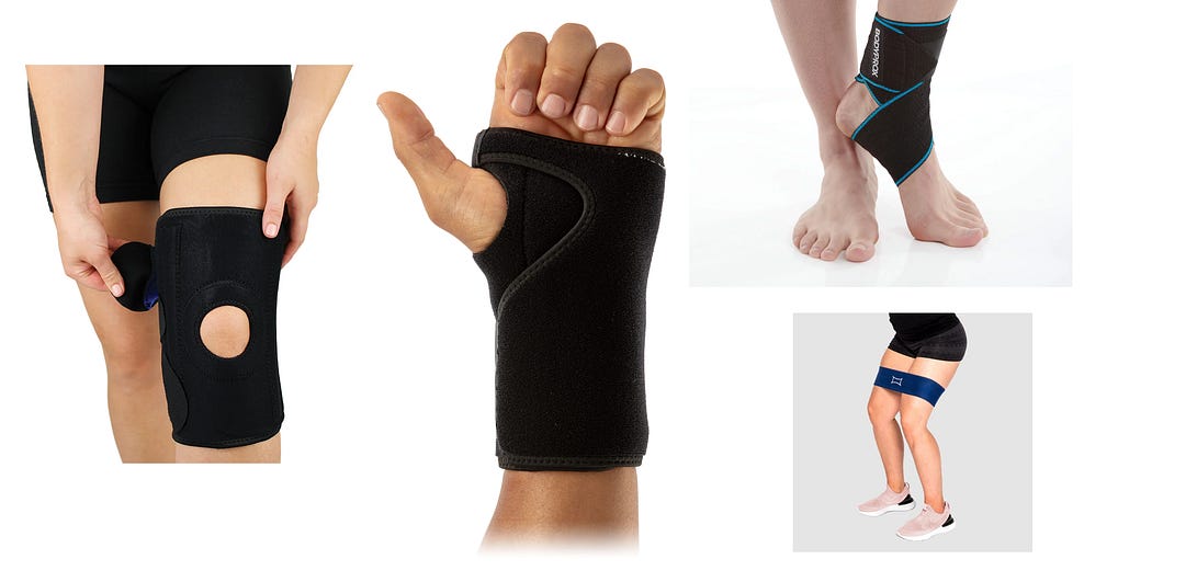 A knee brace, wrist brace, elastic ankle wraps, and an elastic hip band.