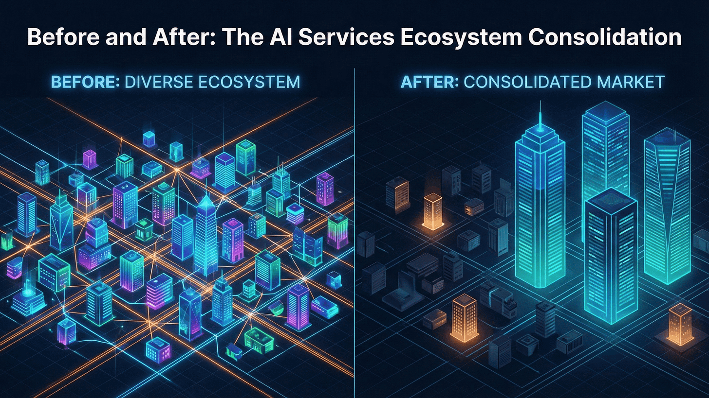 Split visualisation showing diverse AI ecosystem on left transforming into consolidated market dominated by three large towers on right.