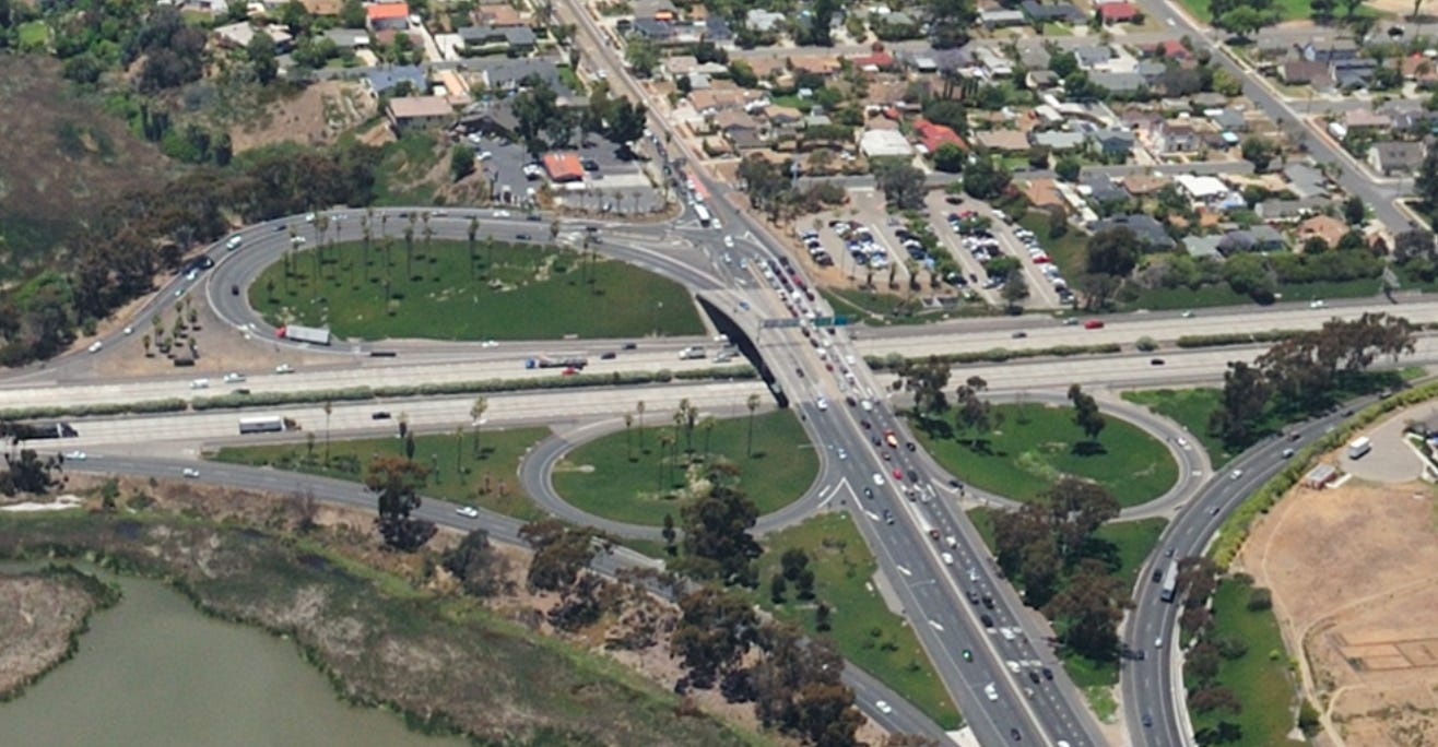 An aerial view of the Interstate 5 and State Route 78 interchange in Oceanside, north of Carlsbad. Caltrans is hosting a public meeting on Wednesday to gather comments regarding the redesign of the interchange. Courtesy photo