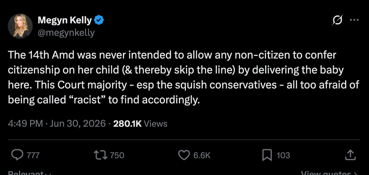 Kelly: The 14th Amd was never intended to allow any non-citizen to confer citizenship on her child (& thereby skip the line) by delivering the baby here. This Court majority - esp the squish conservatives - all too afraid of being called “racist” to find accordingly. Kelly: The 14th Amd was never intended to allow any non-citizen to confer citizenship on her child (& thereby skip the line) by delivering the baby here. This Court majority - esp the squish conservatives - all too afraid of being called “racist” to find accordingly.
