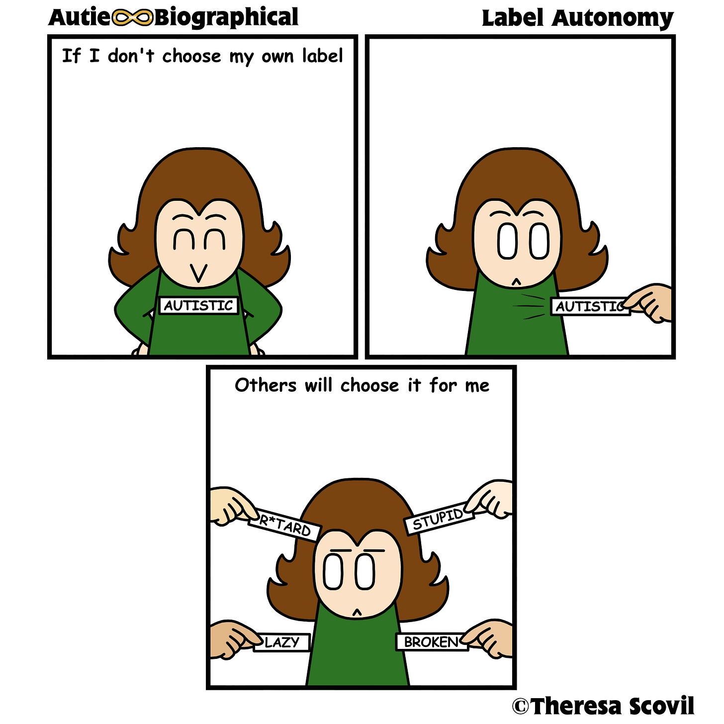 A three panel comic of Honeydew having labels chosen for them. The comic is titled "Label Autonomy" and is made by Theresa Scovil.
Panel 1:
Honeydew smiles proudly as they have the label "Autistic" on their chest.
Narration says "If I don't choose my own label."
Panel 2:
A hand comes from off panel and takes the label off of Honeydew's shirt. Honeydew looks shocked.
Panel 3:
Narrations says "Others will choose it for me."
People from off panel hand Honeydew labels such as "R*tard", "Lazy", "Stupid" and "Broken".
Honeydew looks very annoyed. A three panel comic of Honeydew having labels chosen for them. The comic is titled "Label Autonomy" and is made by Theresa Scovil.
Panel 1:
Honeydew smiles proudly as they have the label "Autistic" on their chest.
Narration says "If I don't choose my own label."
Panel 2:
A hand comes from off panel and takes the label off of Honeydew's shirt. Honeydew looks shocked.
Panel 3:
Narrations says "Others will choose it for me."
People from off panel hand Honeydew labels such as "R*tard", "Lazy", "Stupid" and "Broken".
Honeydew looks very annoyed.