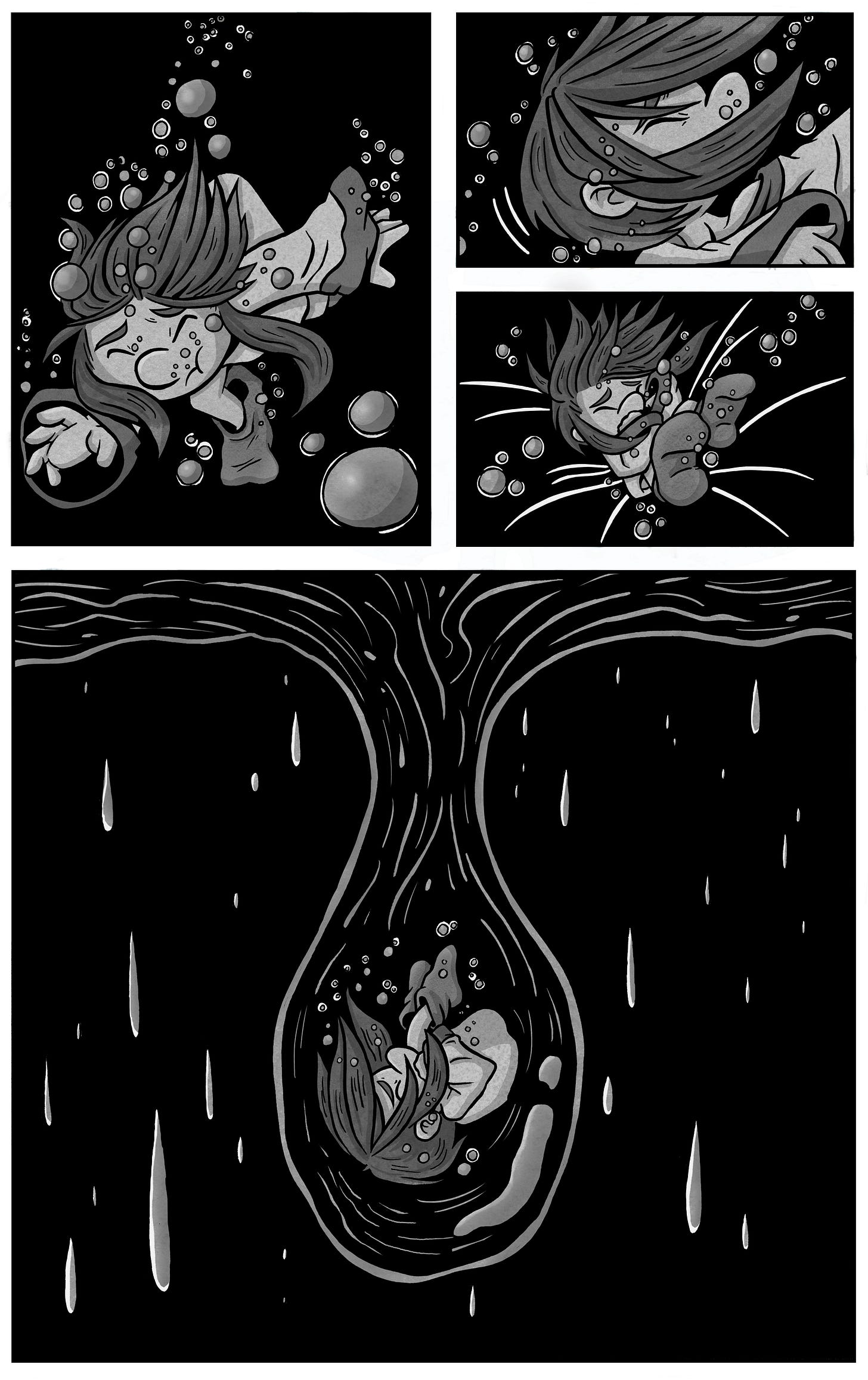 Kali is underwater struggling. She drifts downward in a black void, surrounded by bubbles. In the final panel, she curls into a fetal position within a teardrop-shaped water pod. The scene is surreal, quiet, and emotionally heavy — marking a threshold into the spirit realm.