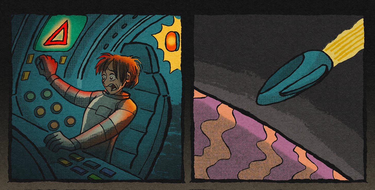 Two comic panels from Nova Unbound. Inside a spacecraft cockpit, astronaut Nova urgently pulls a control lever as warning lights flash. In the next panel, the ship streaks toward the surface of a patterned alien planet. Two comic panels from Nova Unbound. Inside a spacecraft cockpit, astronaut Nova urgently pulls a control lever as warning lights flash. In the next panel, the ship streaks toward the surface of a patterned alien planet.
