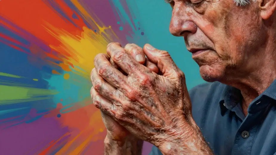 An older man with hands intertwined crippled by arthritis pain and stiffness.