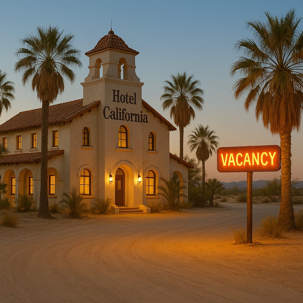 Image of the Hotel California with a vacancy sign out front.
