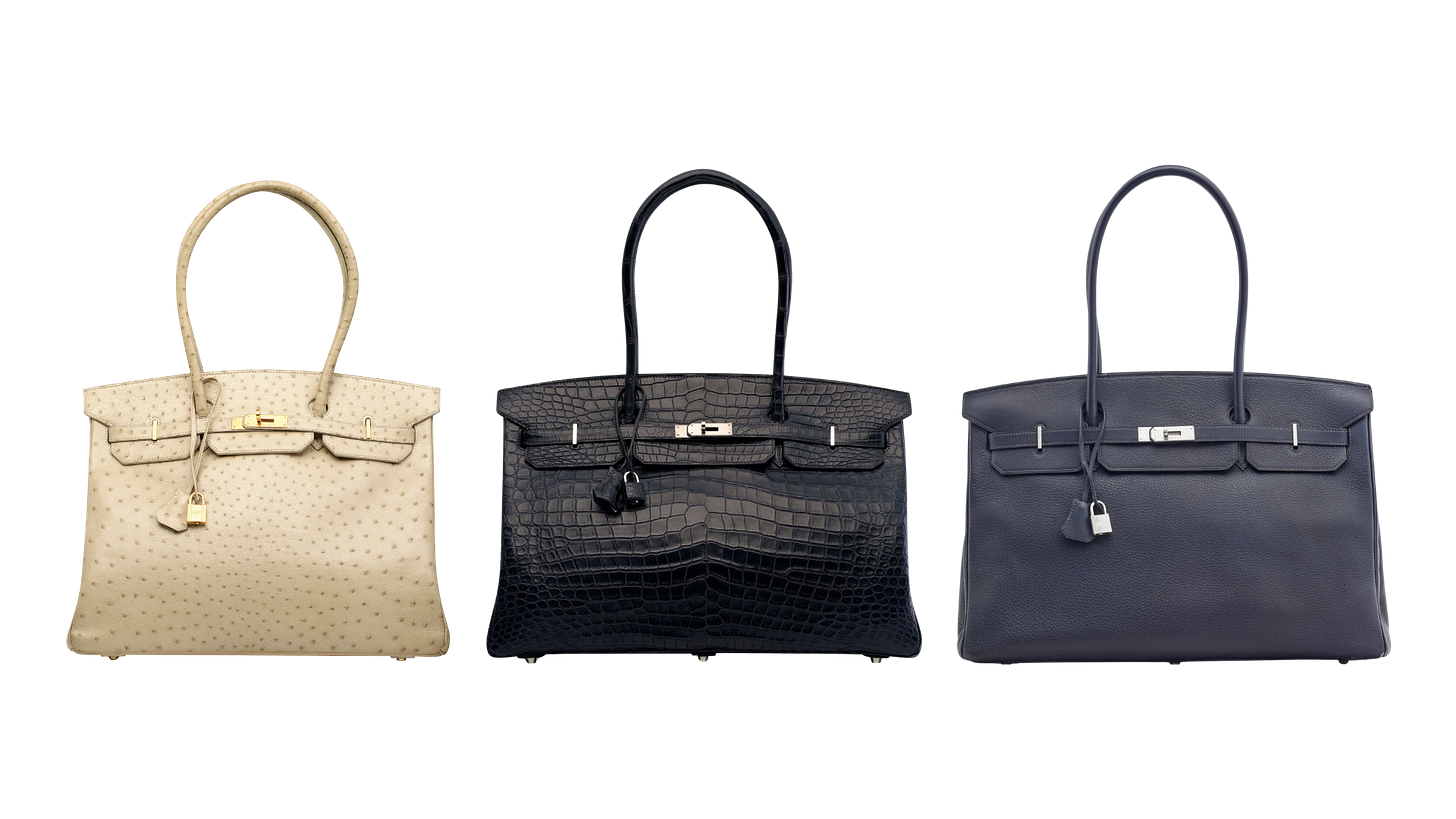 A group of exotic Hermes JPG Birkins in shiny and matte crocodile and alligator and ostrich A group of exotic Hermes JPG Birkins in shiny and matte crocodile and alligator and ostrich