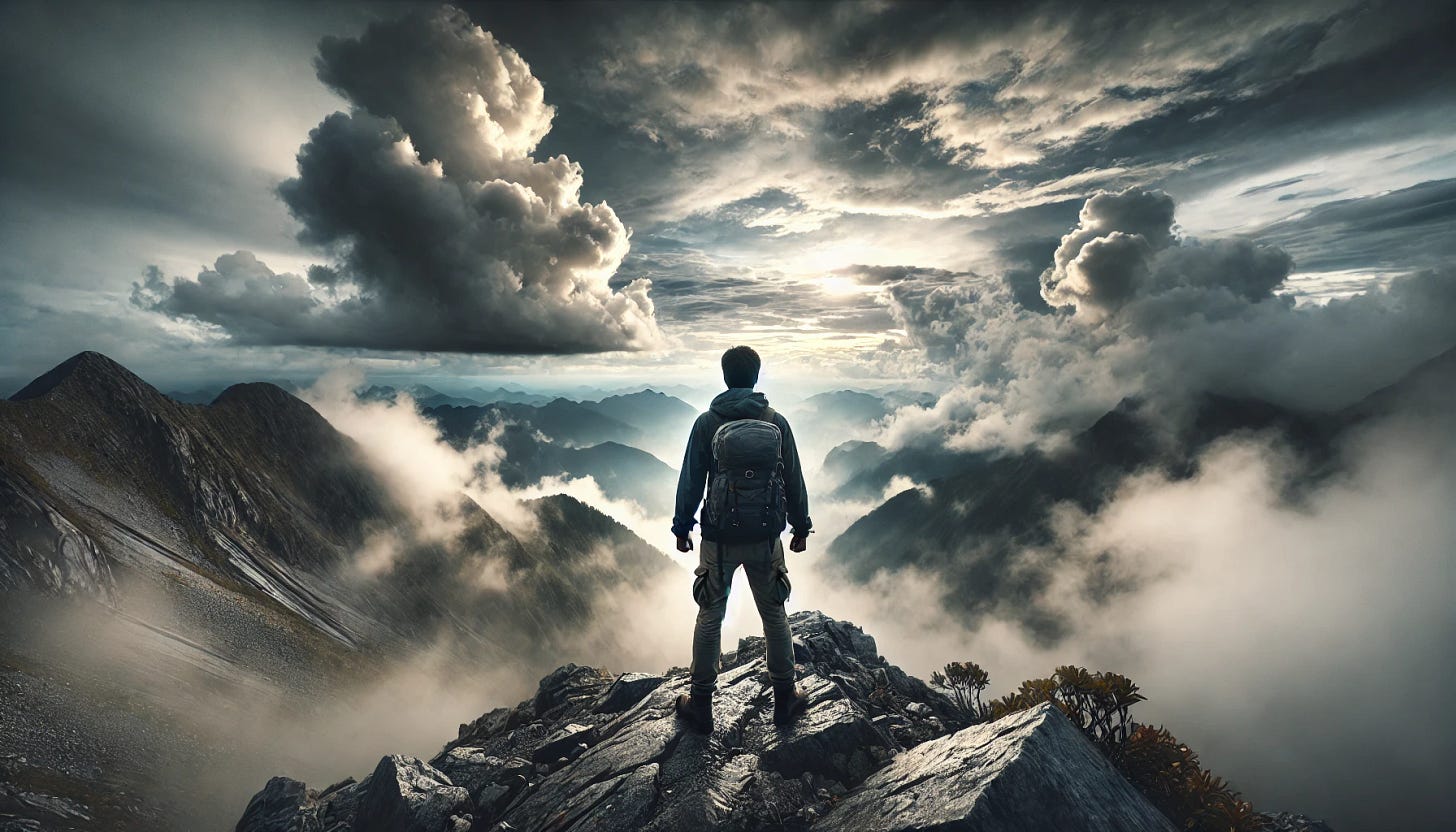 A man standing at the peak of a mountain, seen from behind, with a wide vantage point that captures the misty landscape and dramatic clouds. The sky is filled with swirling clouds and mist, creating a moody, atmospheric scene. The man stands on rocky terrain, with arms slightly raised as if embracing the moment, wearing a hiking jacket and backpack. The mist rolls around the mountain's slopes, and the scene feels epic and grand with a sense of solitude and achievement.