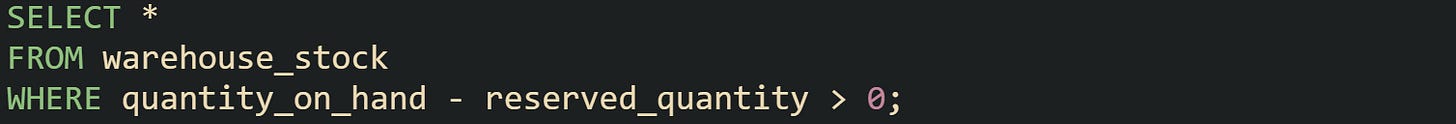 SELECT * FROM warehouse_stock WHERE quantity_on_hand - reserved_quantity > 0;