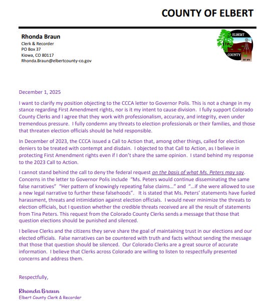 Elbert Clerk: "I Cannot Stand Behind the Call to Deny the Federal Request on the Basis of What Ms. Peters May Say"