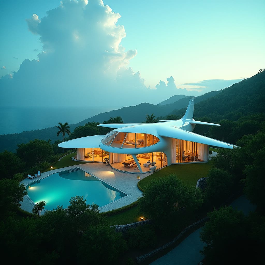 Modern Jamaican home with rustic wooden accents and vibrant island colors, shaped like a massive airplane engine, with propellers transformed into spinning wind turbines, set against a lush, misty mountain backdrop.