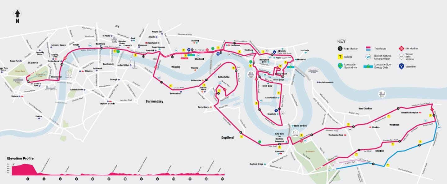 The 2026 London Marathon route map from Greenwich Park to The Mall The 2026 London Marathon route map from Greenwich Park to The Mall