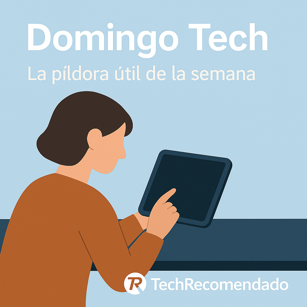 Ilustración plana de una persona revisando su portátil un domingo por la mañana, con branding de TechRecomendado integrado
