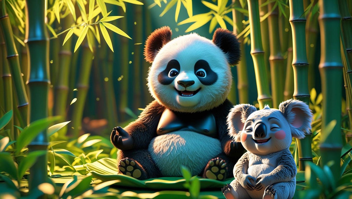 Illustration of a smiling cartoon panda and cartoon koala practicing mindful breathing together 