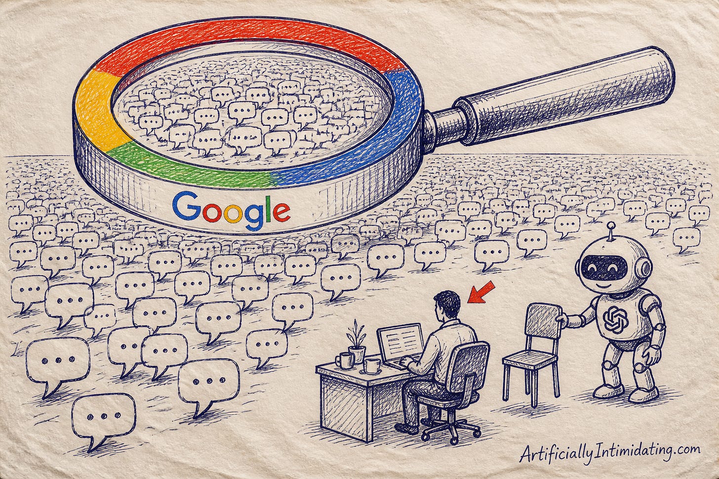 Editorial cartoon: a Google four-color magnifying glass hovers over a sea of tiny chat bubbles while a robot politely holds out a chair for a seated human worker instead of taking the job.