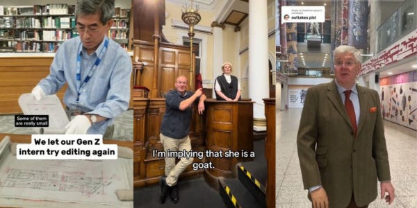 Composite of three men in video stills showing library and museum exhibits. Composite of three men in video stills showing library and museum exhibits.