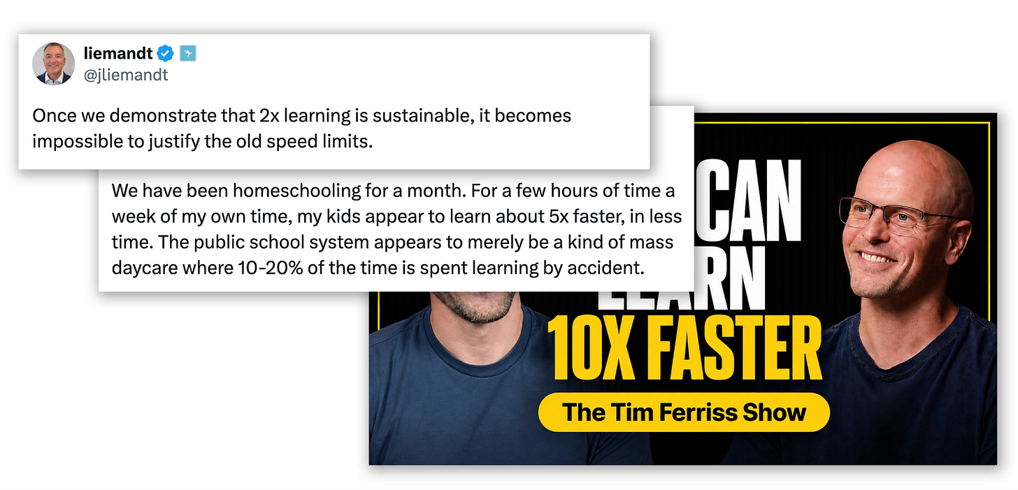 Tweets of people bragging that their kids are learning 2x, 5x, and 10x faster.
