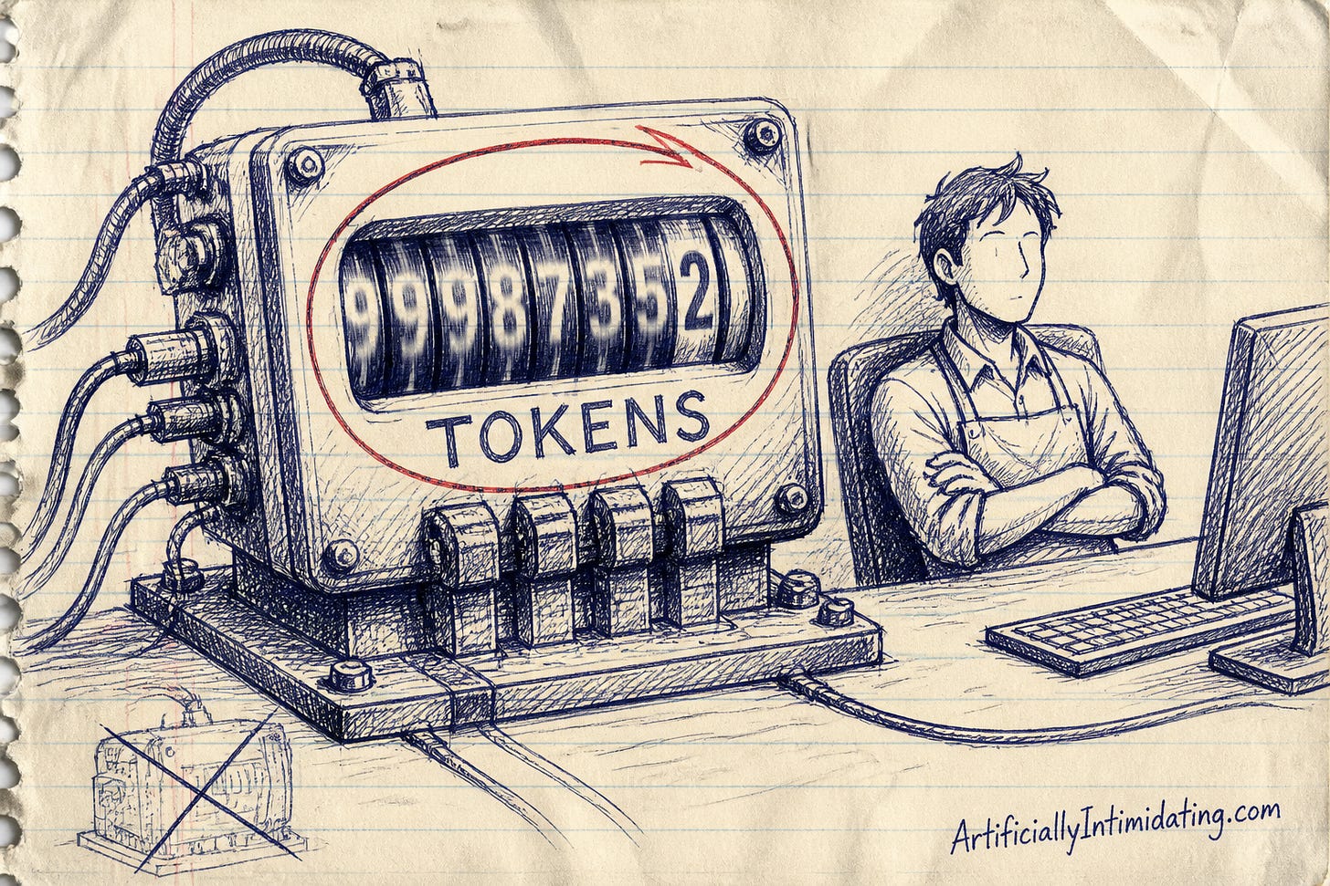 A large taxi-style fare meter with a spinning TOKENS counter bolted to a desk while an engineer in an apron sits calmly with arms crossed, the dial circled in red.