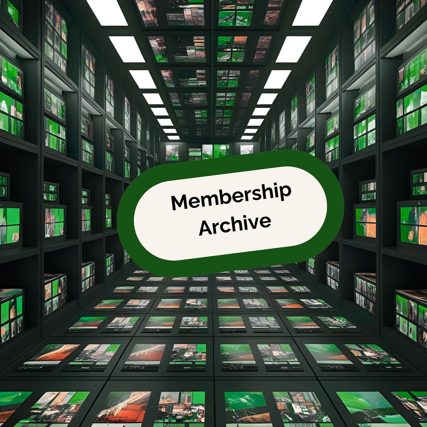 Abstract image of videos playing on screens behind a button saying: Membership archive
