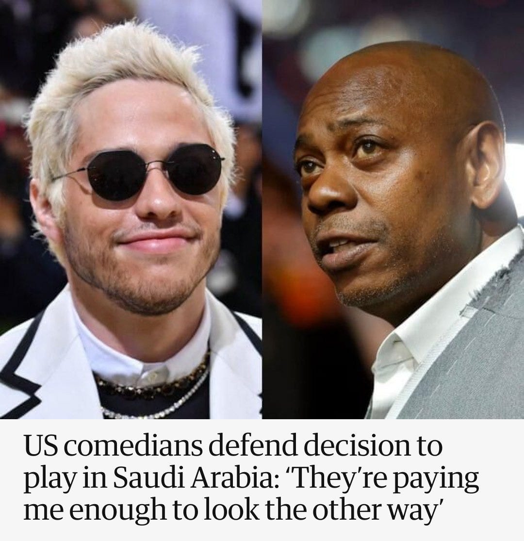 May be an image of 2 people and text that says 'US comedians defend decision to play in Saudi Arabia: 'They're paying me enough to look the other ' The Guardian Guar rdian'