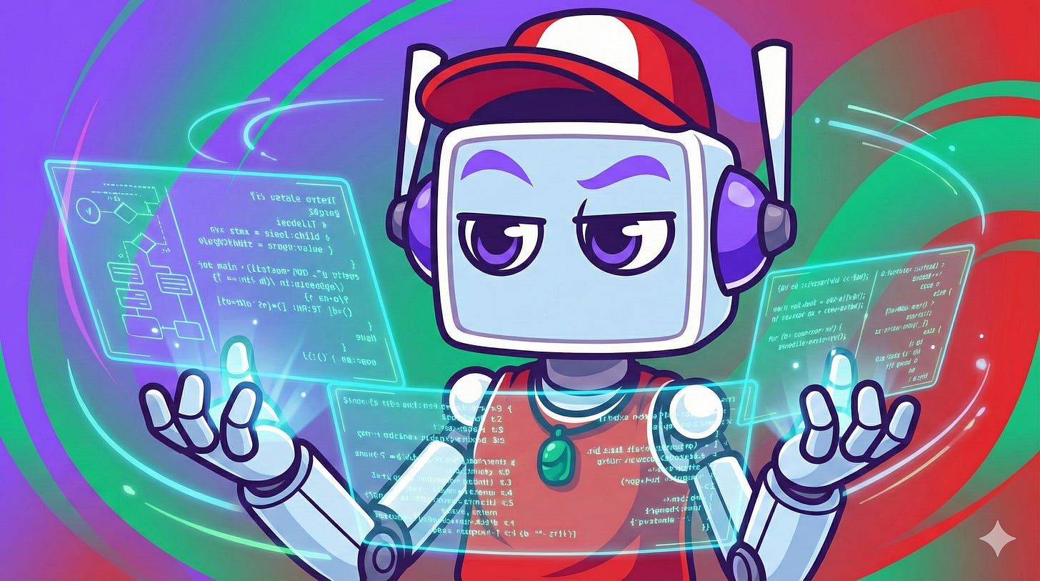 The square-headed Neuralbuddy robot character, wearing its red cap and jersey, looks skeptically at glowing blue holographic syntax charts it is projecting from its hands against a swirling purple, green, and red gradient background.
