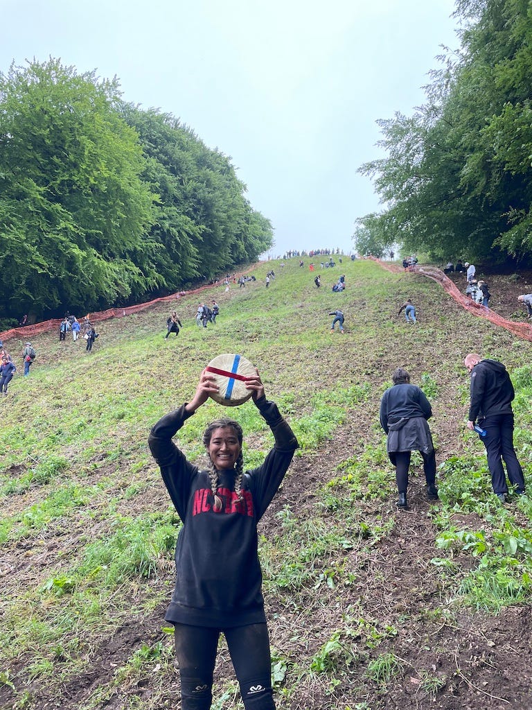 abby with cheese at bottom of hill